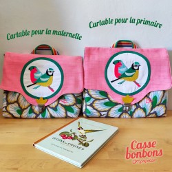 Cartable Casse-bonbons hand made maternelle école primaire belle broderie oiseaux poésie enfant artisanal France