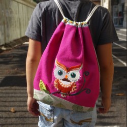sac à dos sac à goûter maternelle fille rose broderie hiboux tissu crèche artisanal casse-bonbons enfant owl école