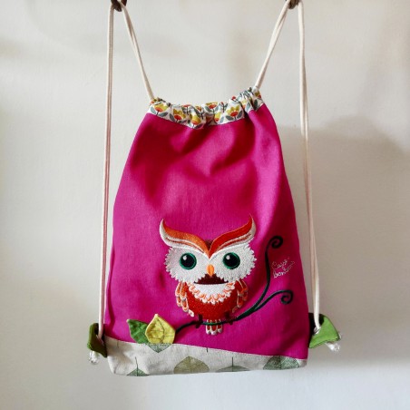 sac à dos sac à goûter maternelle fille rose hiboux tissu crèche artisanal casse-bonbons enfant cadeau maternelle personnalisé