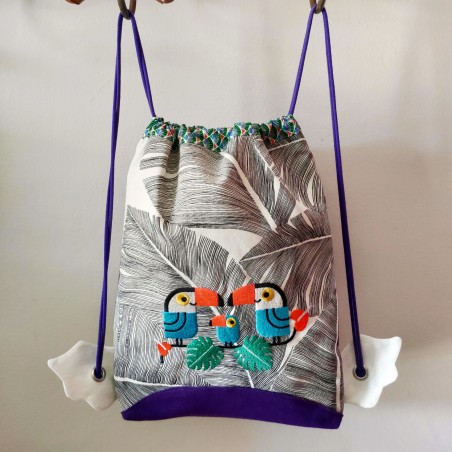 sac à goûter crèche maternelle créateur artisanal tissu toucan tropical cadeau naissance fait main sac à dos tissu enfant