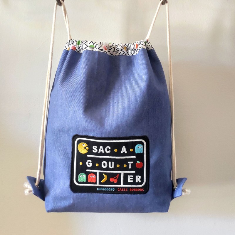 sac à goûter crèche Pacman retrogamming broderie cadeau de naissance maternelle garçon original enfants child backpack