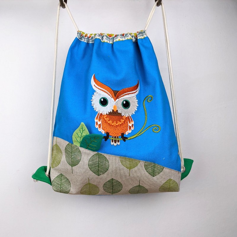 sac à dos sac  goûter maternelle garçon bleu hiboux tissu crèche artisanal casse-bonbons garçon personnalisé owl